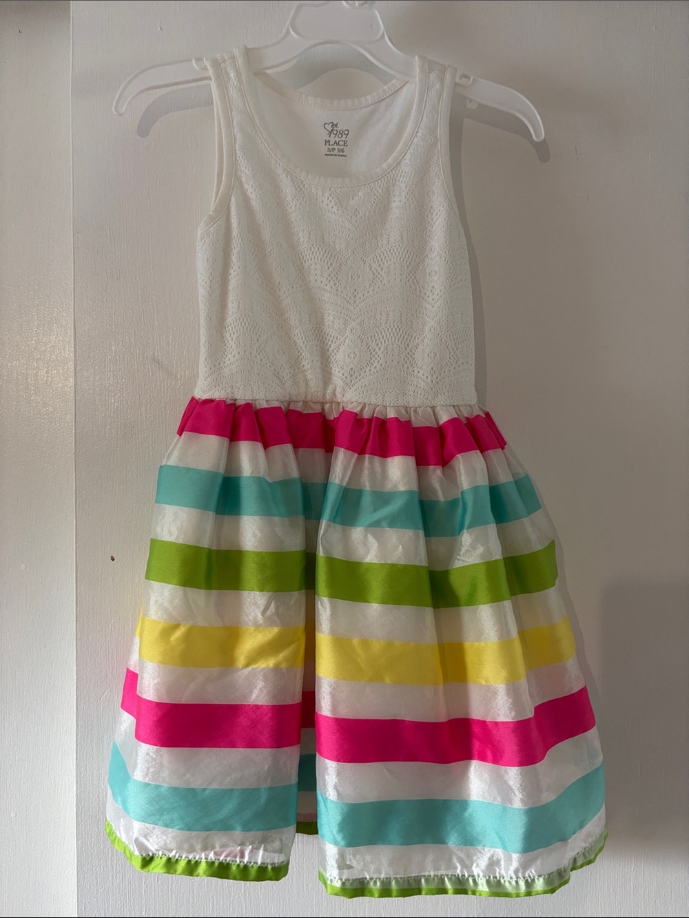 The Children's Place White Tank Dress with Pink, Aqua, Lime, Yellow Stripes